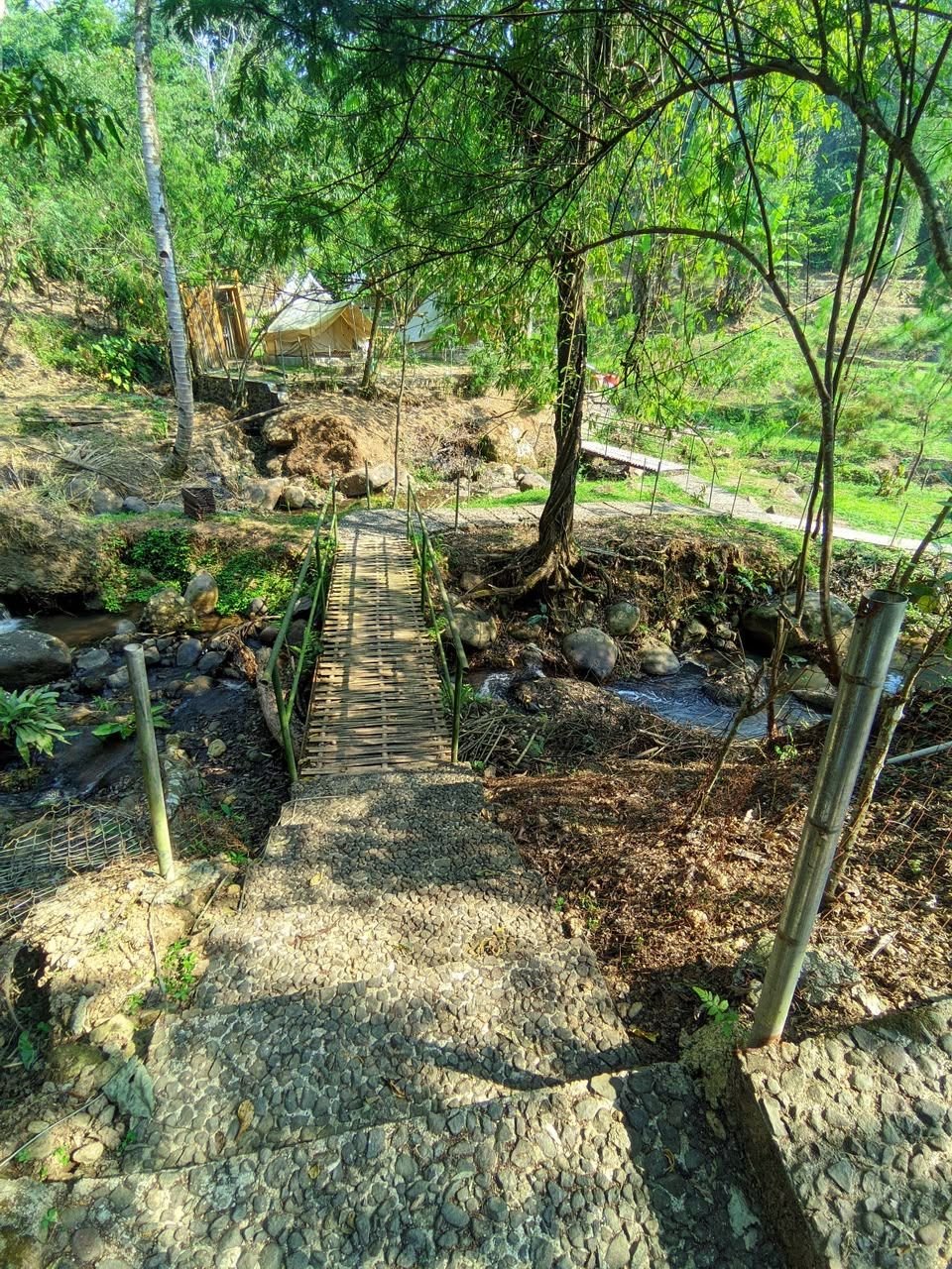 Jembatan bambu di atas sungai menuju area camping Bunihayu Forest